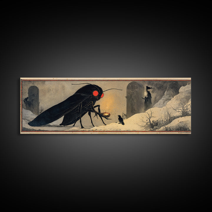 The Red-Eyed Moth Creature, Symbolist Death Art, Extra Wide Wall Art, Dark Fantasy Wall Art, Canvas Print, Halloween Wall Art
