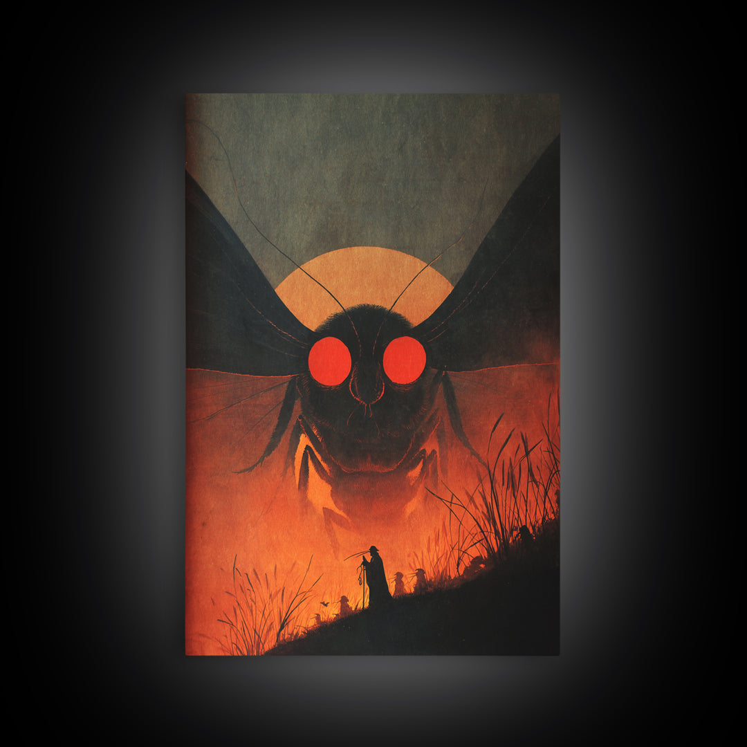 The Red-Eyed Moth Creature, Symbolist Etching Art, Vertical Wall Art, Dark Halloween Decor, Framed Canvas Print, Halloween Wall Art