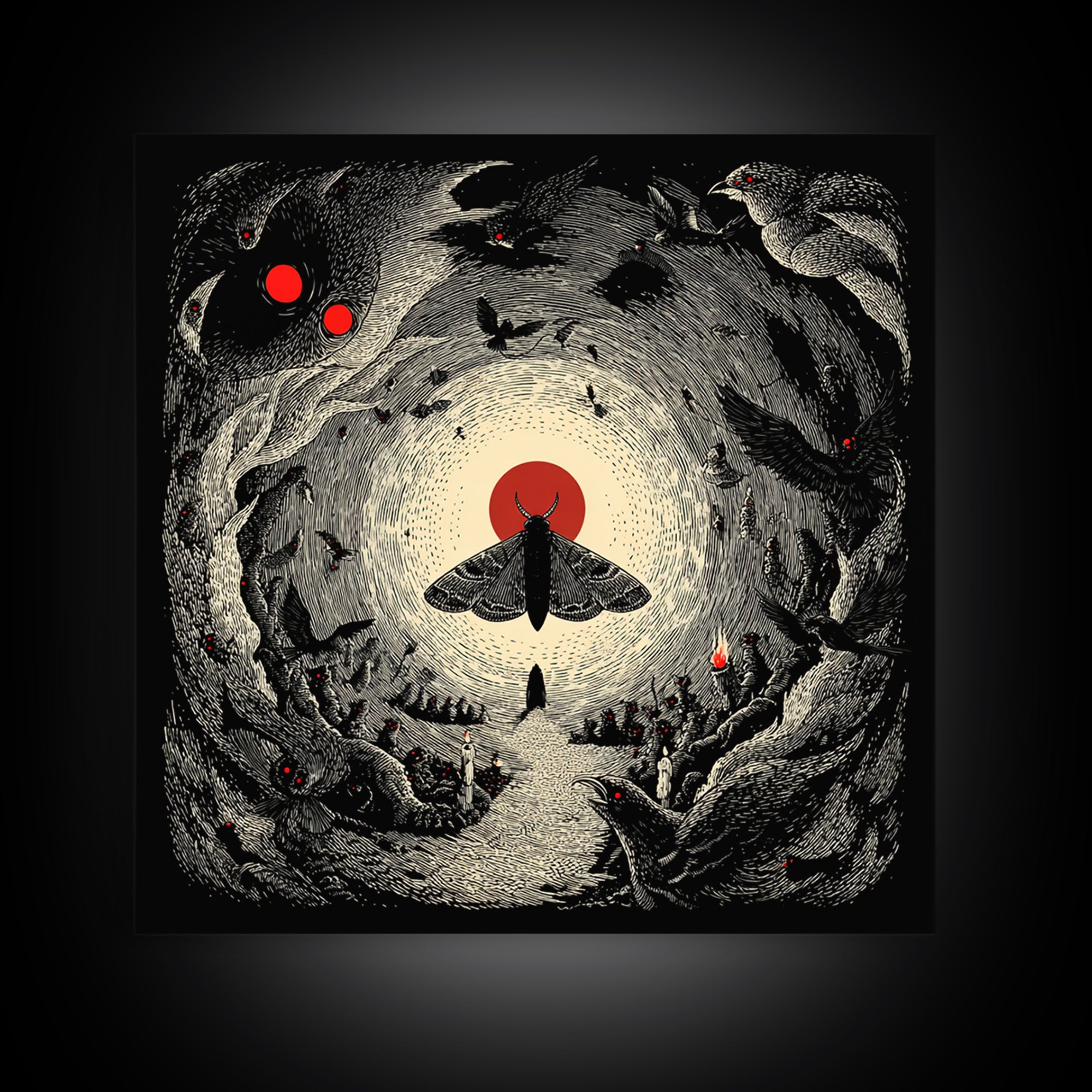 The Red-Eyed Moth Creature, Expressionist Nightmare Art, Square Wall Art, Dark Fantasy Wall Art, Canvas Print, Halloween Wall Art