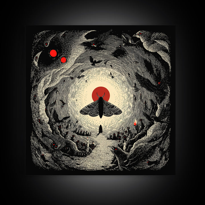 The Red-Eyed Moth Creature, Expressionist Nightmare Art, Square Wall Art, Dark Fantasy Wall Art, Canvas Print, Halloween Wall Art