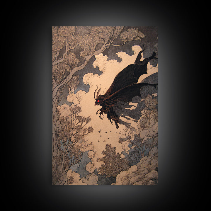 The Red-Eyed Moth Creature, Gothic Storybook Art, Vertical Wall Art, Macabre Wall Art, Canvas Print, Halloween Wall Art