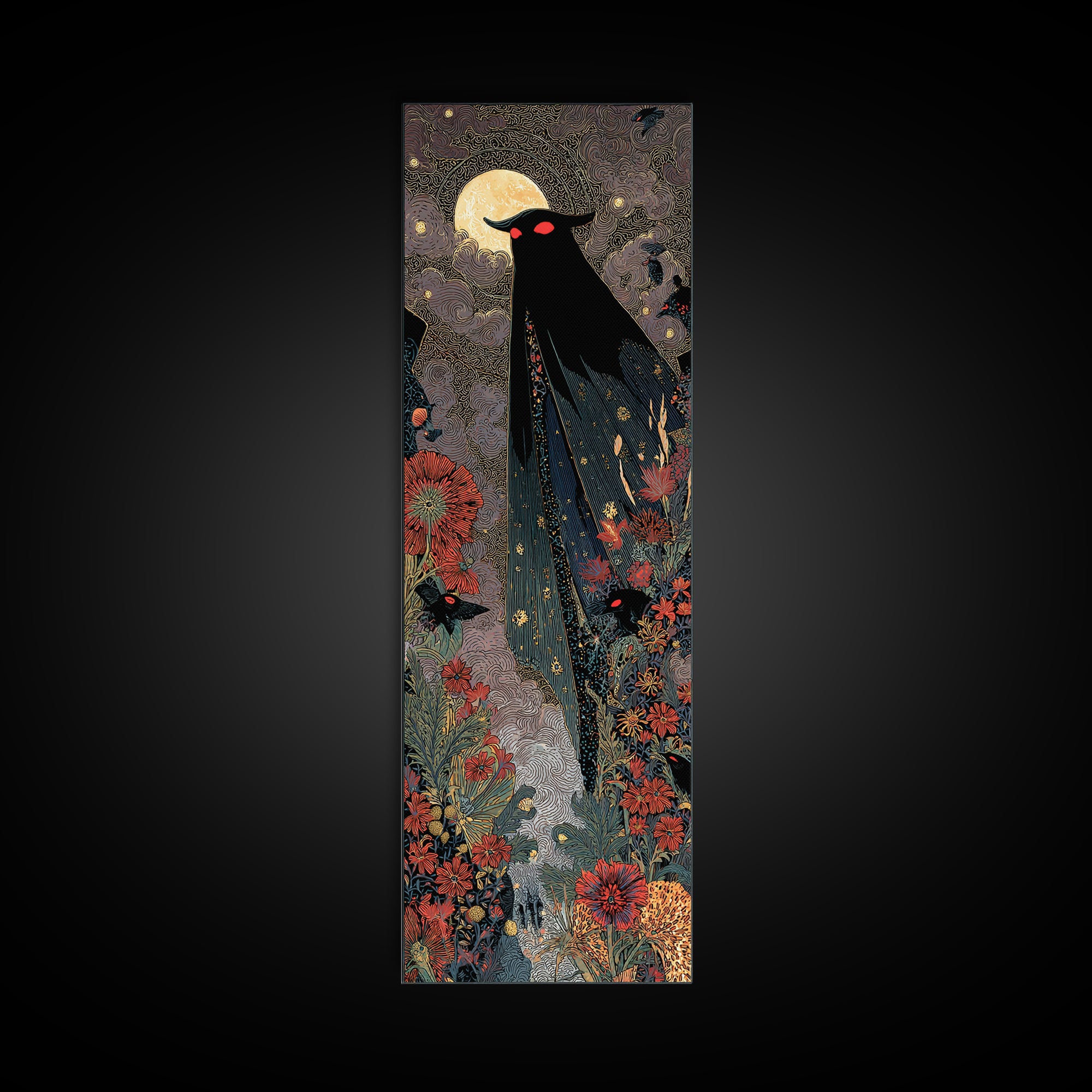 The Red-Eyed Moth Creature, Stained Glass Gothic Art, Tall Narrow Wall Art, Dark Halloween Decor, Framed Canvas Print, Halloween Wall Art
