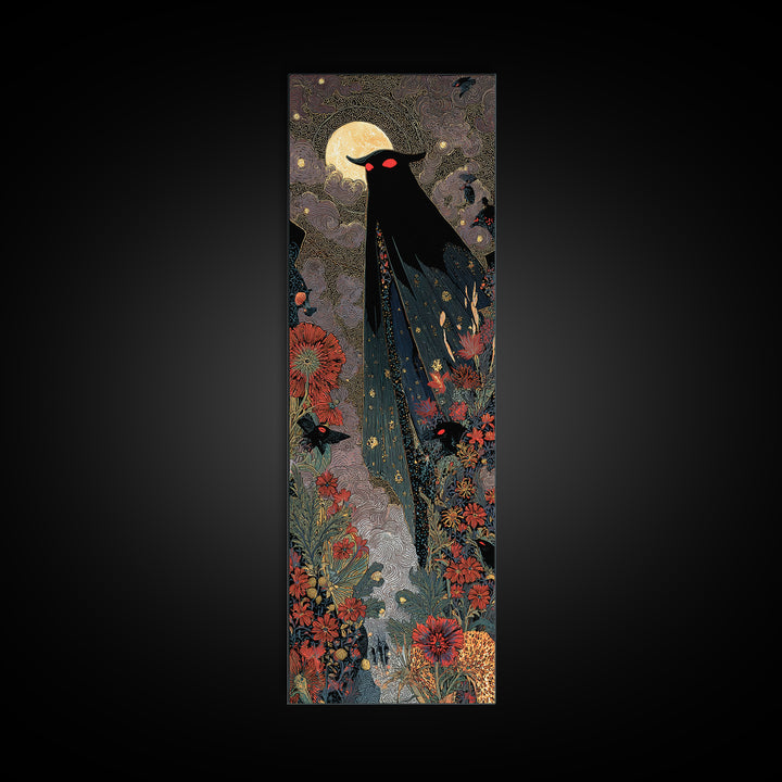 The Red-Eyed Moth Creature, Stained Glass Gothic Art, Tall Narrow Wall Art, Dark Halloween Decor, Framed Canvas Print, Halloween Wall Art