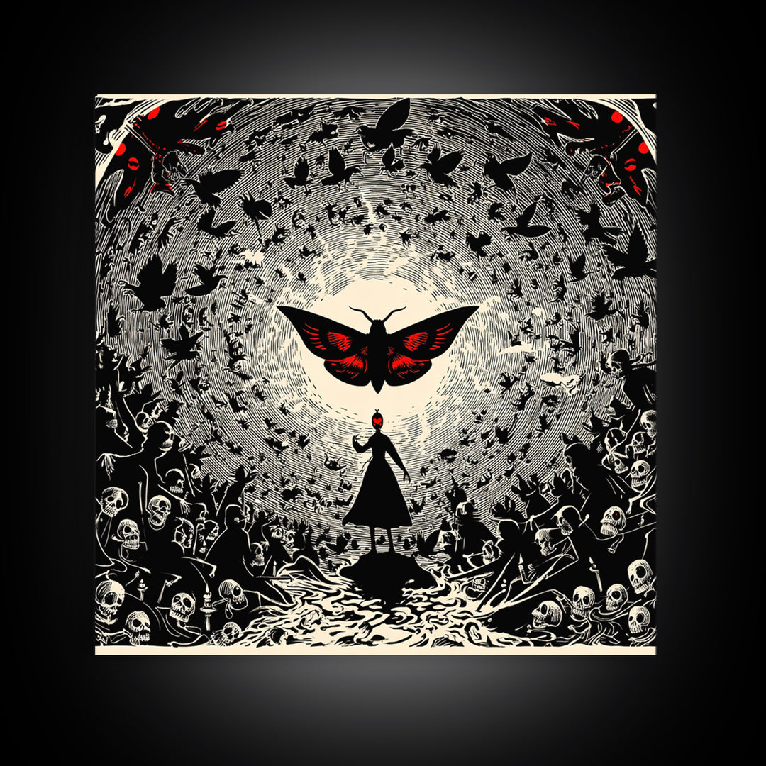 The Red-Eyed Moth Creature, Macabre Folk Print Art, Square Wall Art, Dark Halloween Decor, Canvas Print, Halloween Wall Art