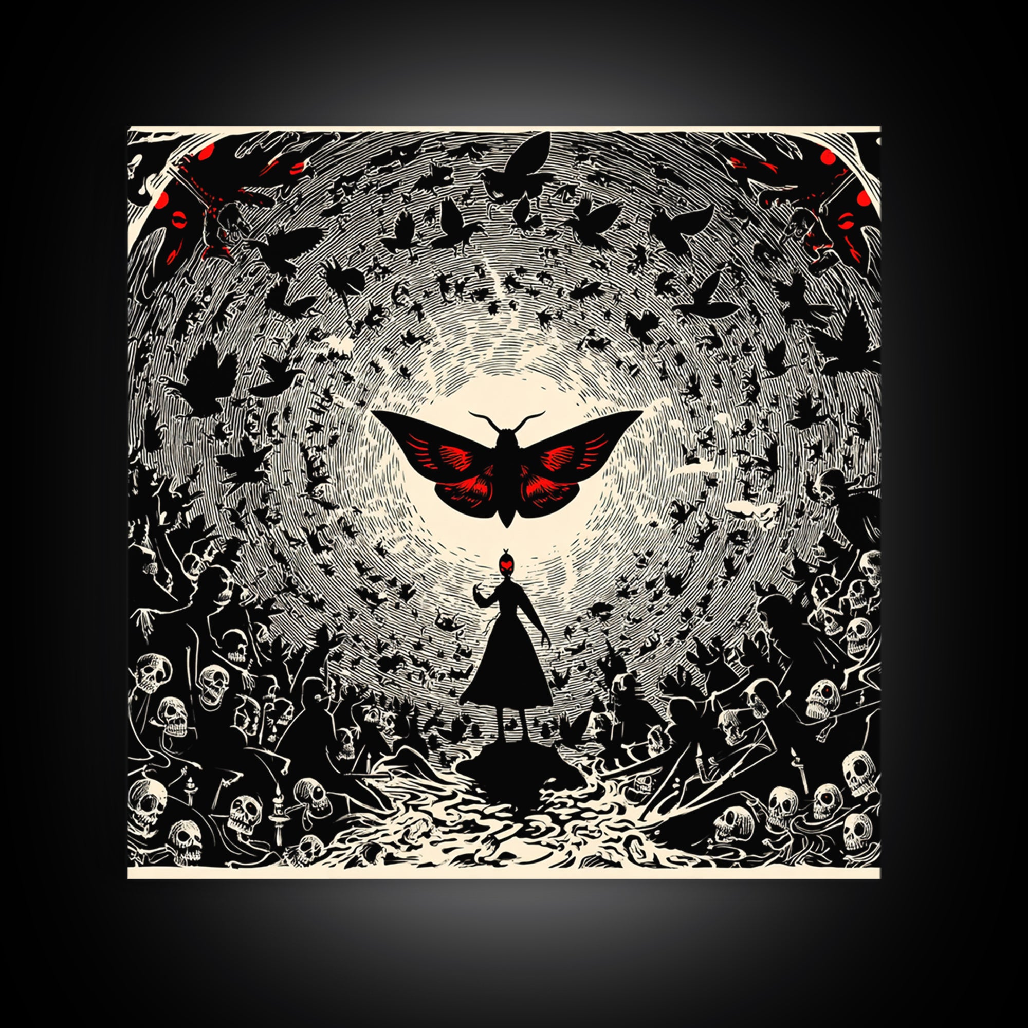 The Red-Eyed Moth Creature, Macabre Folk Print Art, Square Wall Art, Dark Halloween Decor, Canvas Print, Halloween Wall Art