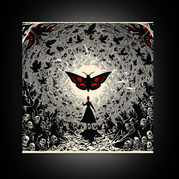 The Red-Eyed Moth Creature, Macabre Folk Print Art, Square Wall Art, Dark Halloween Decor, Canvas Print, Halloween Wall Art