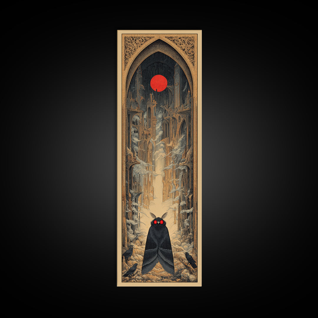 The Red-Eyed Moth Creature, Surreal Apocalyptic Art, Tall Narrow Wall Art, Dark Fantasy Wall Art, Framed Canvas Print