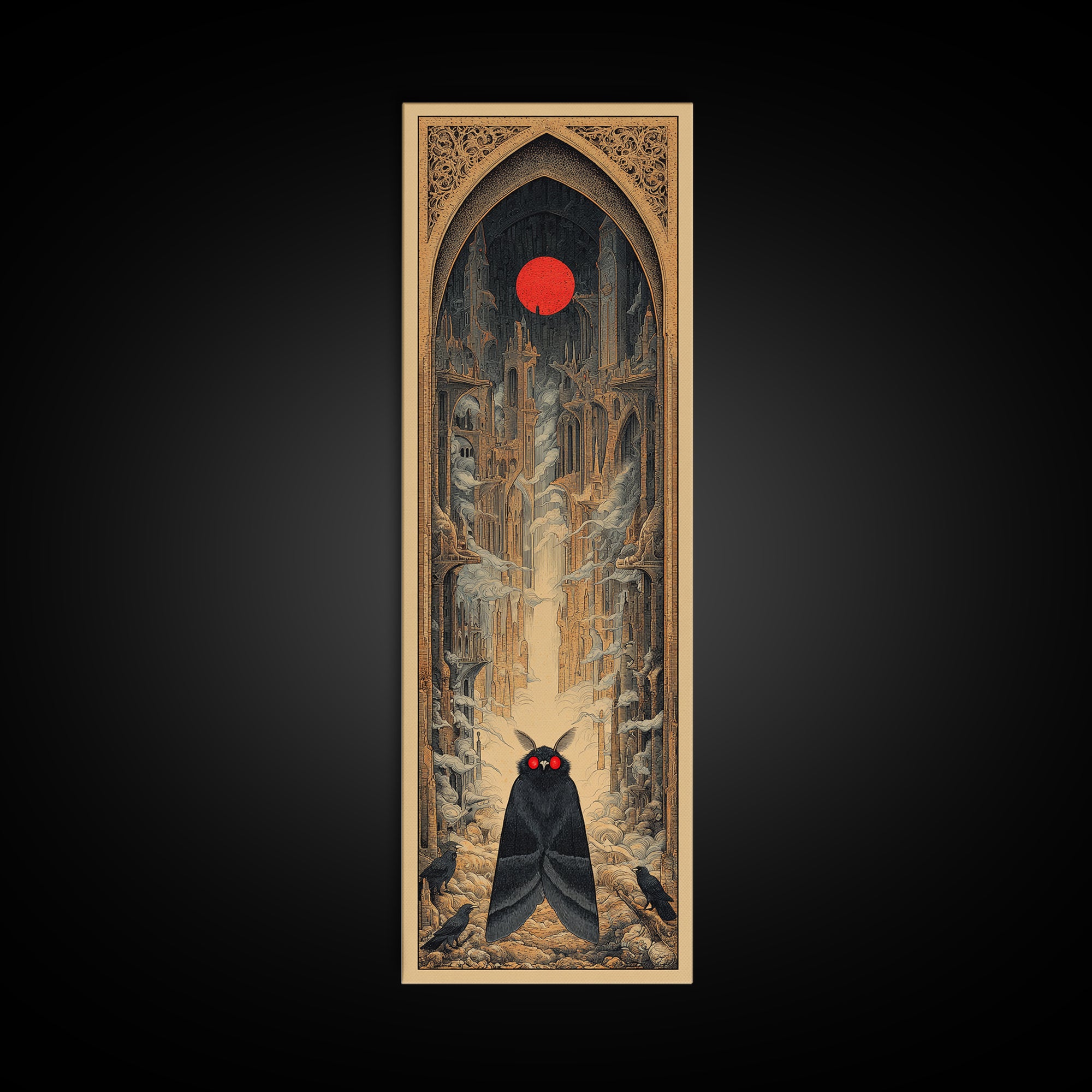 The Red-Eyed Moth Creature, Surreal Apocalyptic Art, Tall Narrow Wall Art, Dark Fantasy Wall Art, Framed Canvas Print