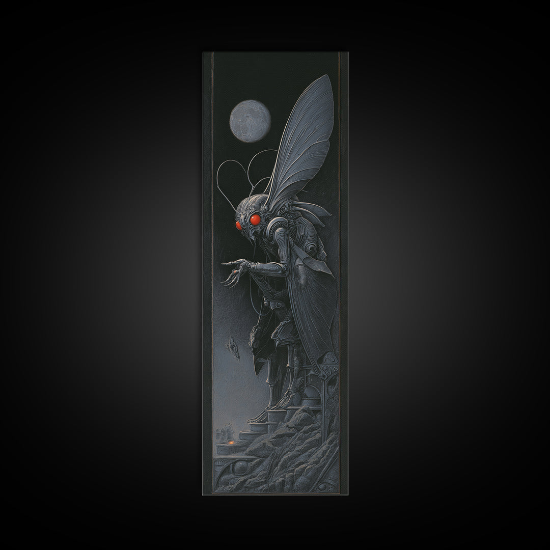 The Red-Eyed Moth Creature, Biomechanical Horror Art, Tall Narrow Wall Art, Macabre Wall Art, Canvas Print, Halloween Wall Art