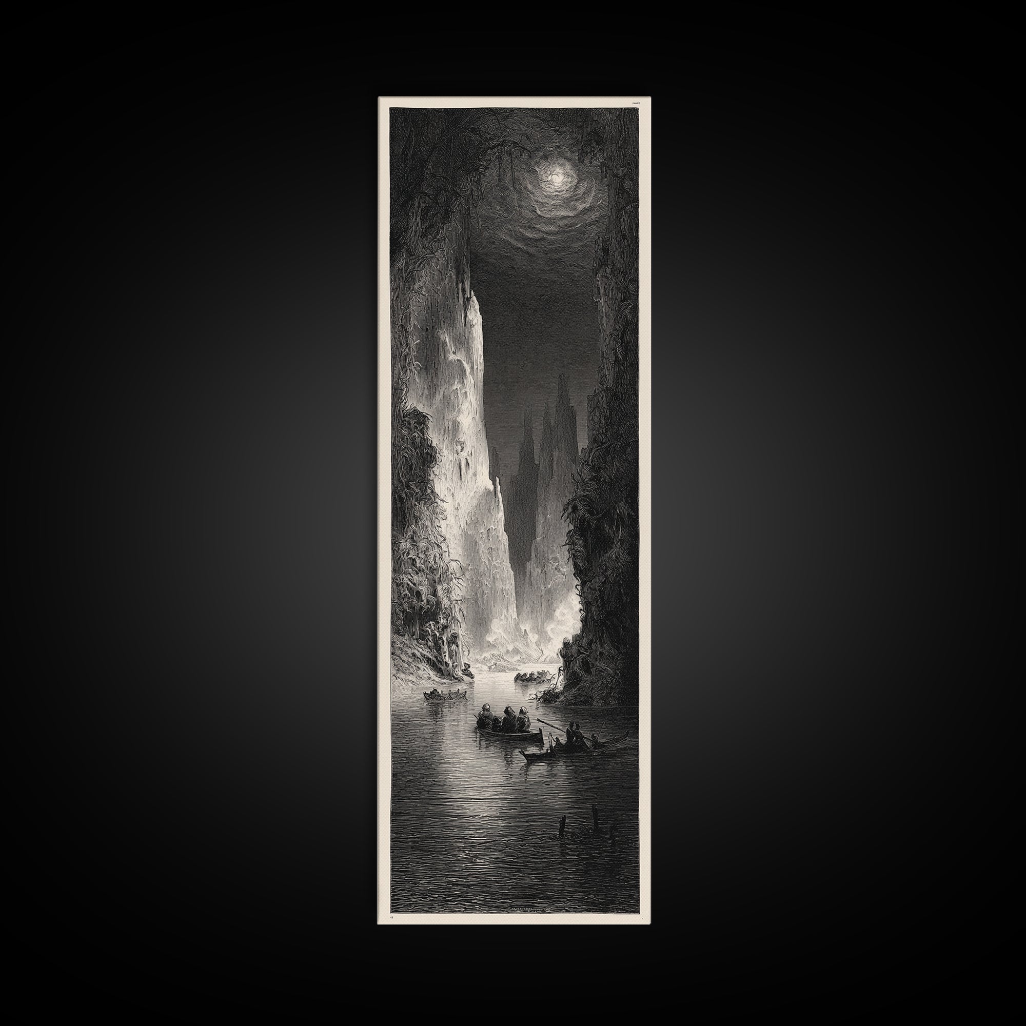 The Lake Phantom, Gothic Engraving Art, Tall Narrow Wall Art, Dark Fantasy Wall Art, Framed Canvas Print, Halloween Wall Art