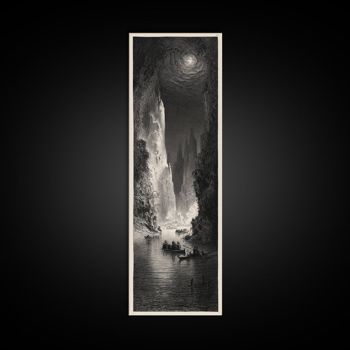 The Lake Phantom, Gothic Engraving Art, Tall Narrow Wall Art, Dark Fantasy Wall Art, Framed Canvas Print, Halloween Wall Art