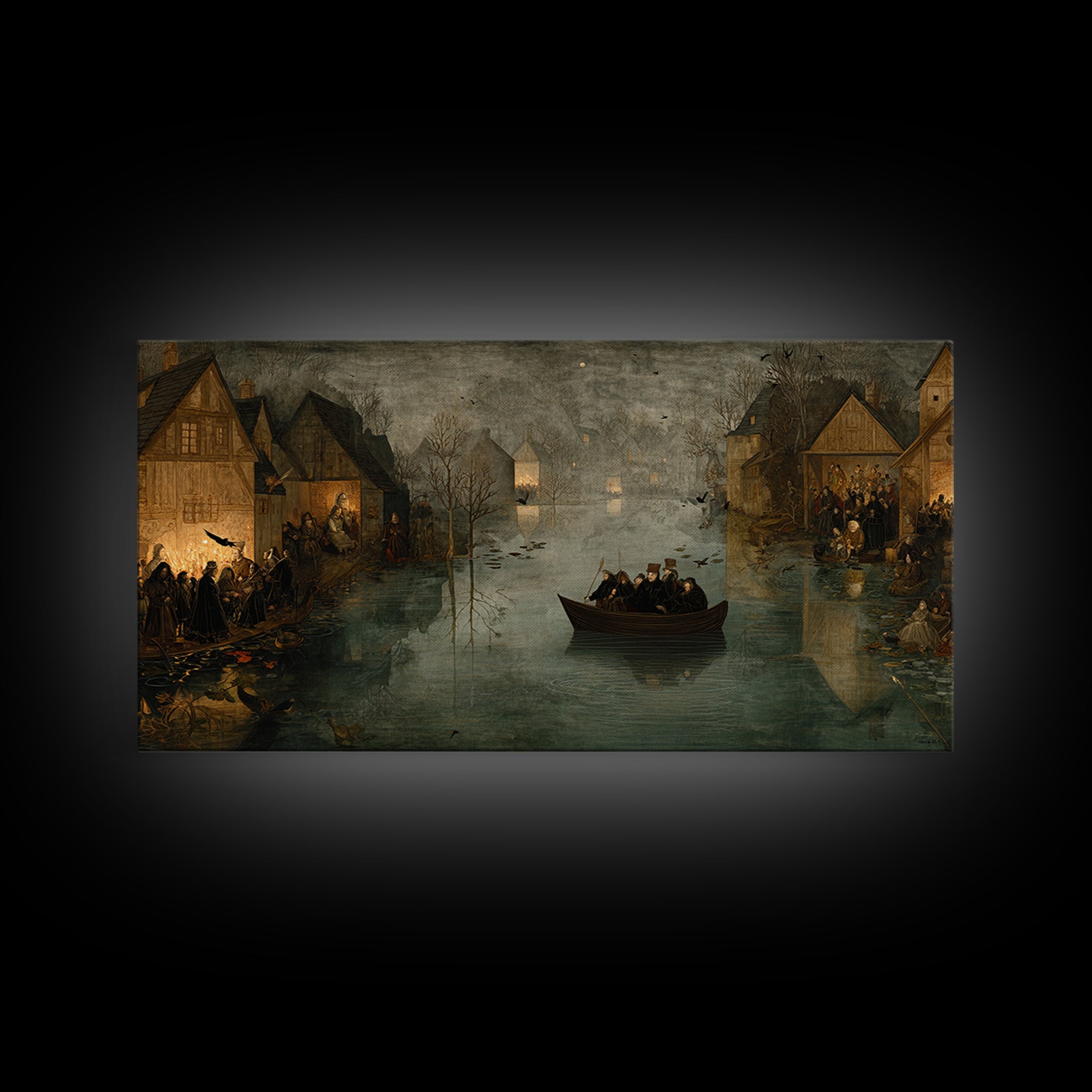 The Lake Phantom, Northern Renaissance Horror, Wide Panoramic Art, Dark Fantasy Wall Art, Framed Canvas Print, Halloween Wall Art