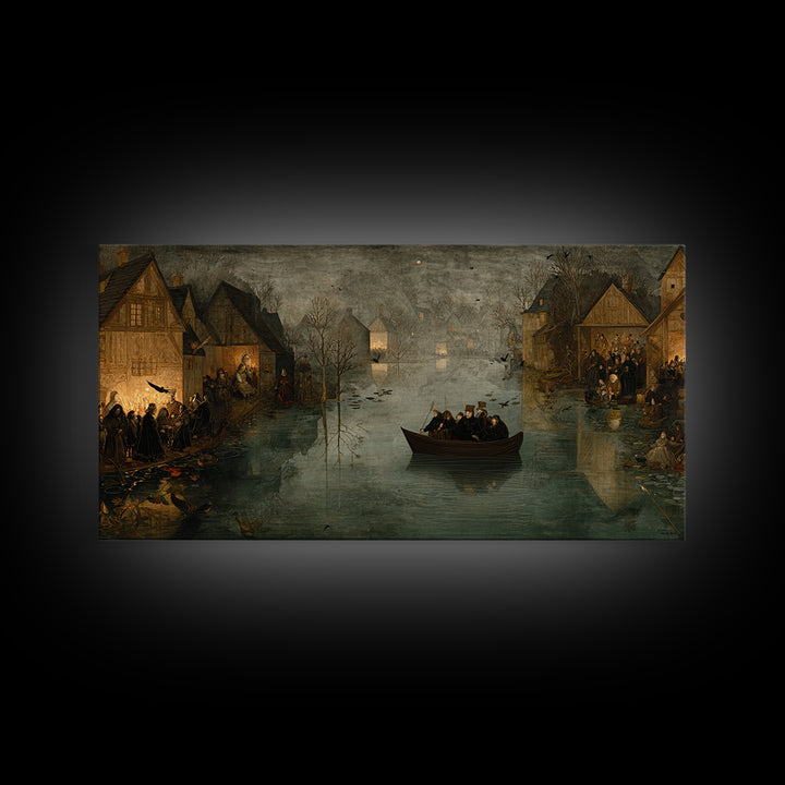 The Lake Phantom, Northern Renaissance Horror, Wide Panoramic Art, Dark Fantasy Wall Art, Framed Canvas Print, Halloween Wall Art