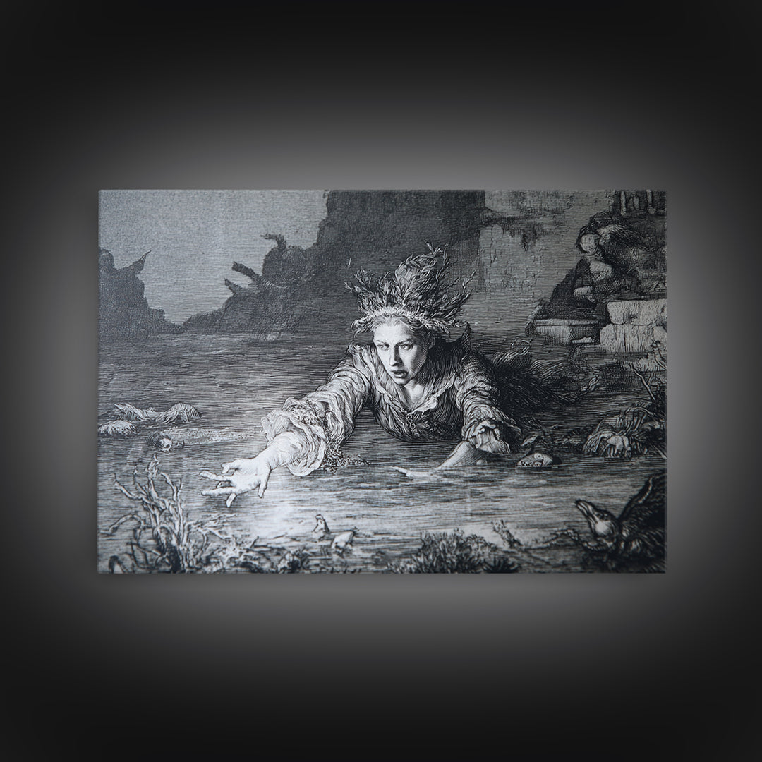 The Lake Phantom, Renaissance Engraving Art, Landscape Wall Art, Macabre Wall Art, Canvas Print, Halloween Wall Art, Halloween Decor