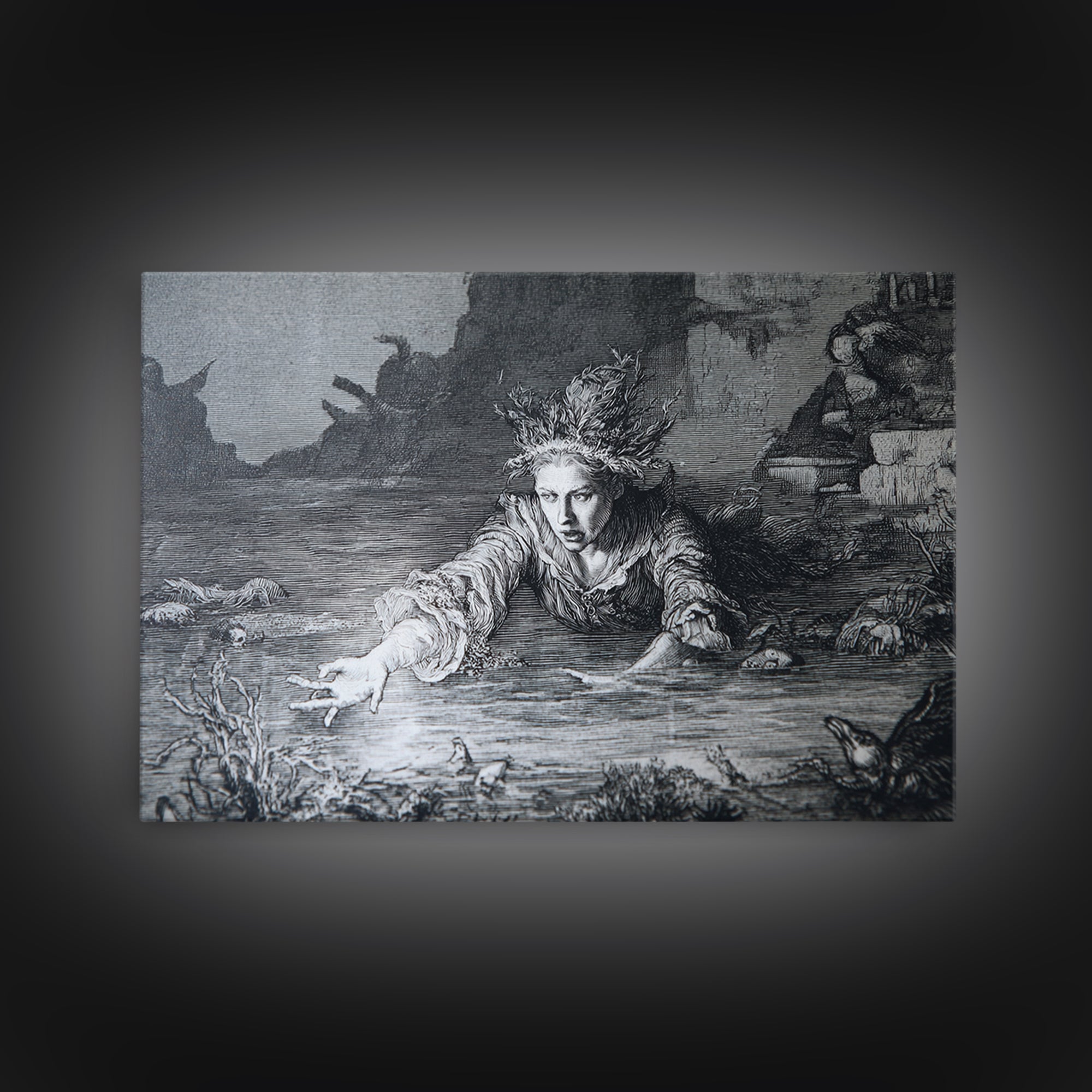 The Lake Phantom, Renaissance Engraving Art, Landscape Wall Art, Macabre Wall Art, Canvas Print, Halloween Wall Art, Halloween Decor