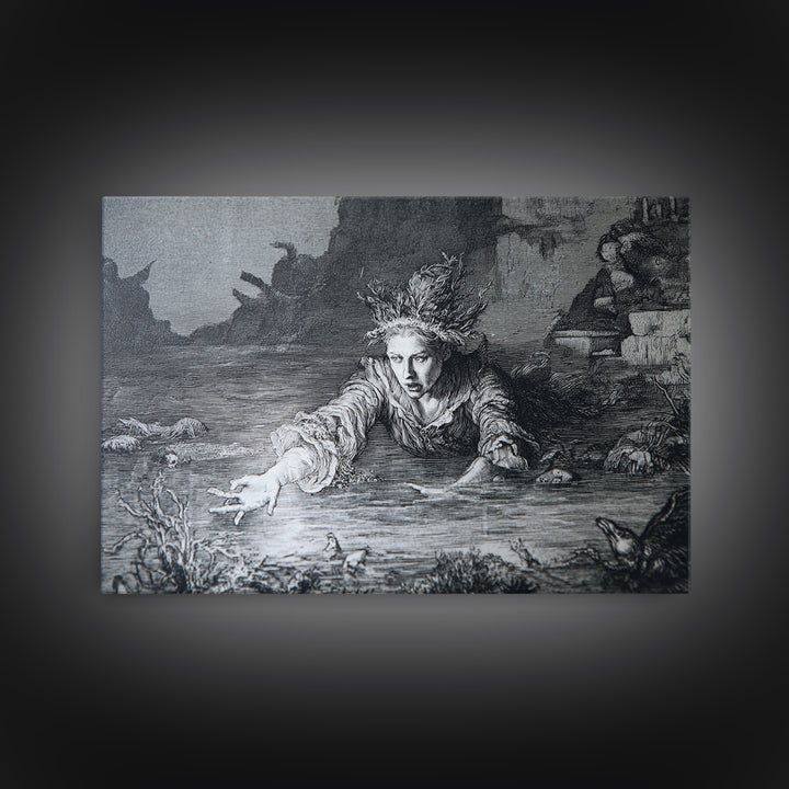 The Lake Phantom, Renaissance Engraving Art, Landscape Wall Art, Macabre Wall Art, Canvas Print, Halloween Wall Art, Halloween Decor
