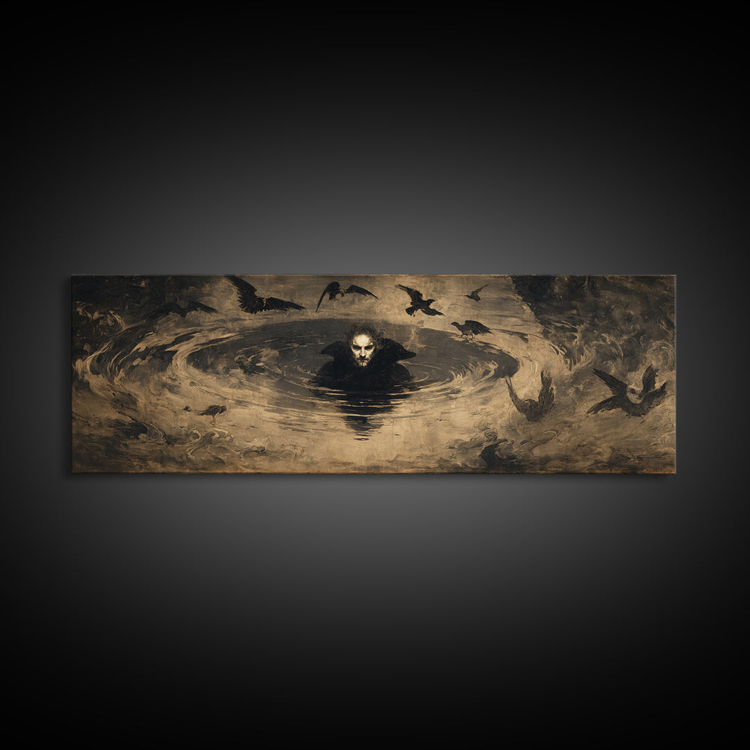 The Lake Phantom, Dark Romantic Horror Art, Extra Wide Wall Art, Macabre Wall Art, Framed Canvas Print, Halloween Wall Art