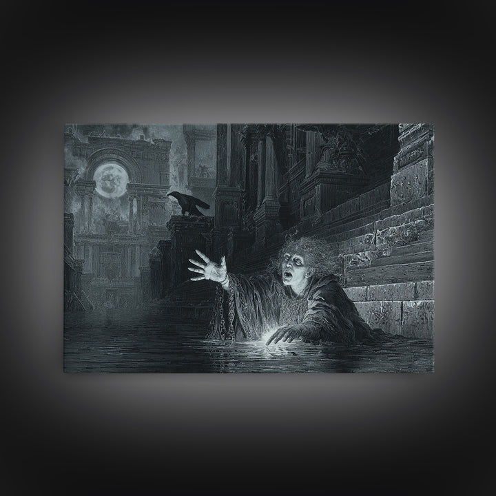 The Lake Phantom, Architectural Etching Art, Landscape Wall Art, Dark Fantasy Wall Art, Canvas Print, Halloween Wall Art