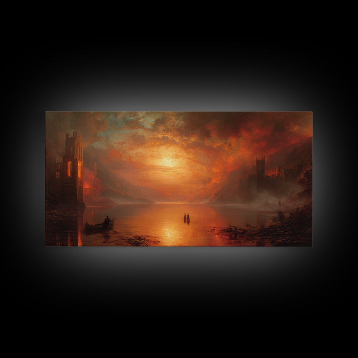 The Lake Phantom, Apocalyptic Romantic Art, Wide Panoramic Art, Gothic Horror Wall Art, Framed Canvas Print, Halloween Wall Art