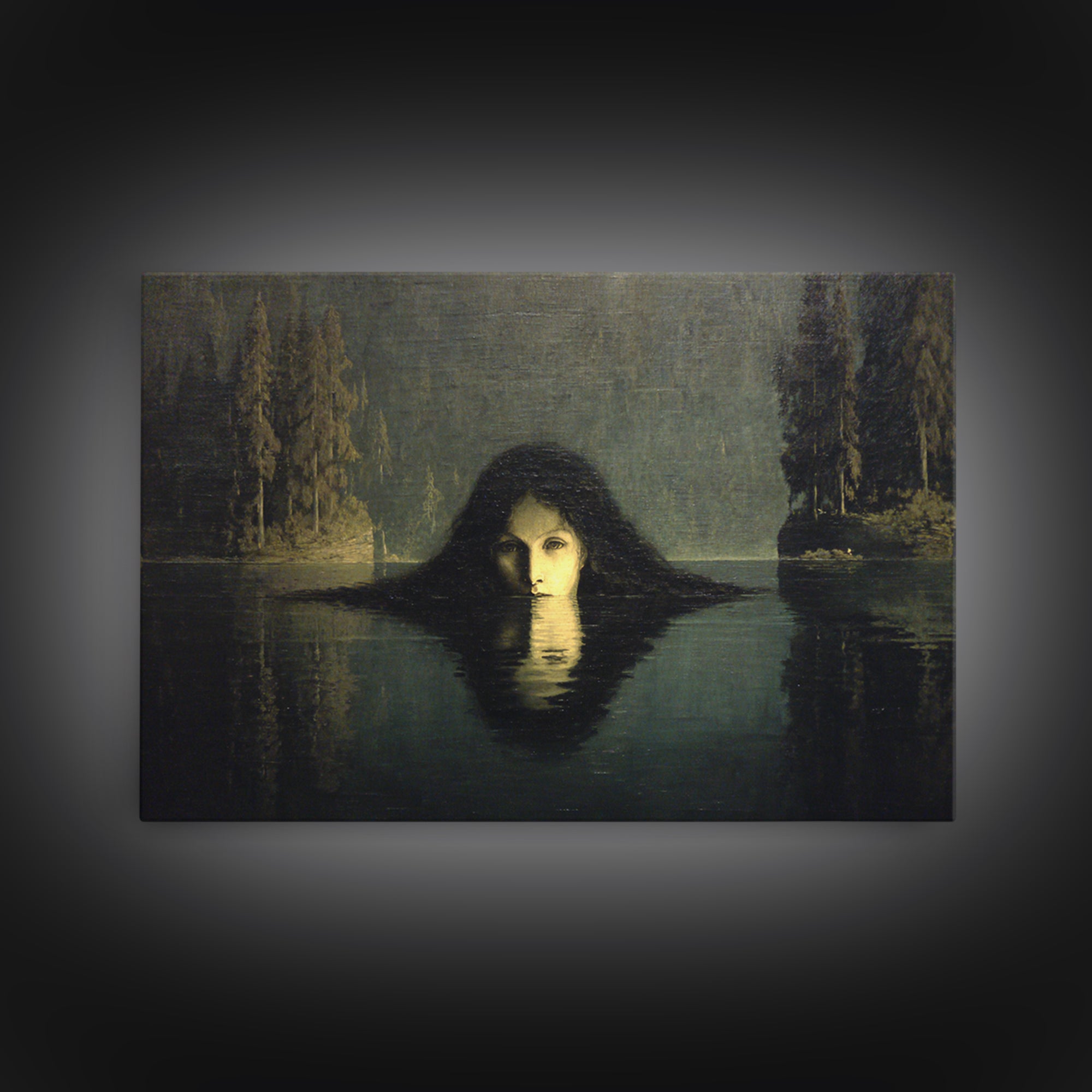 The Lake Phantom, Symbolist Gothic Landscape, Landscape Wall Art, Dark Halloween Decor, Framed Canvas Print, Halloween Wall Art