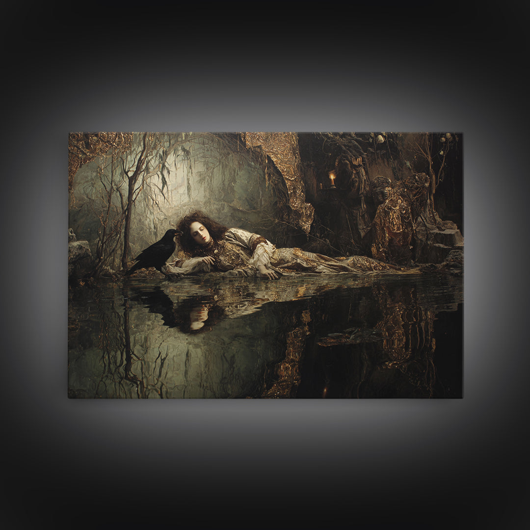 The Lake Phantom, Ornate Symbolist Art, Landscape Wall Art, Dark Fantasy Wall Art, Framed Canvas Print, Halloween Wall Art