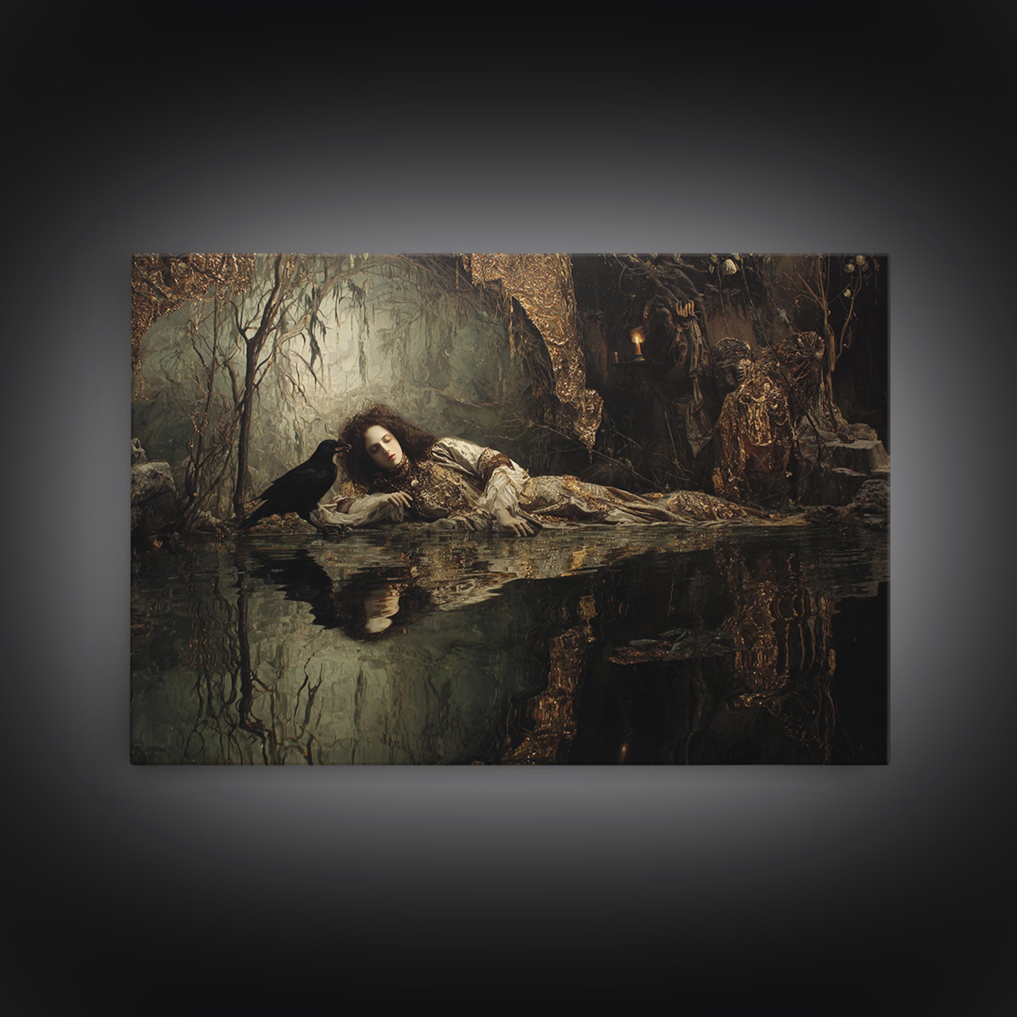 The Lake Phantom, Ornate Symbolist Art, Landscape Wall Art, Dark Fantasy Wall Art, Framed Canvas Print, Halloween Wall Art