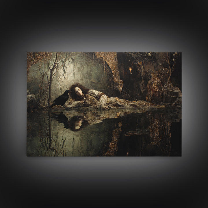 The Lake Phantom, Ornate Symbolist Art, Landscape Wall Art, Dark Fantasy Wall Art, Framed Canvas Print, Halloween Wall Art