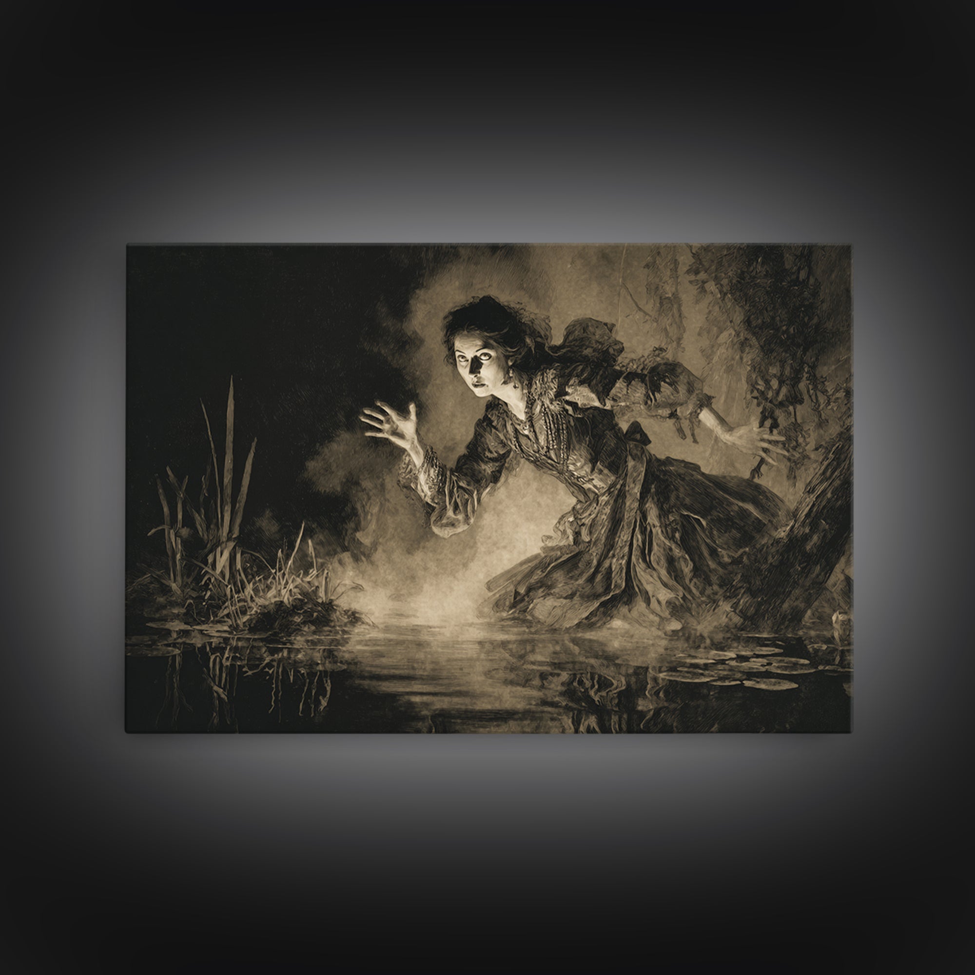 The Lake Phantom, Decadent Gothic Art, Landscape Wall Art, Dark Halloween Decor, Framed Canvas Print, Halloween Wall Art