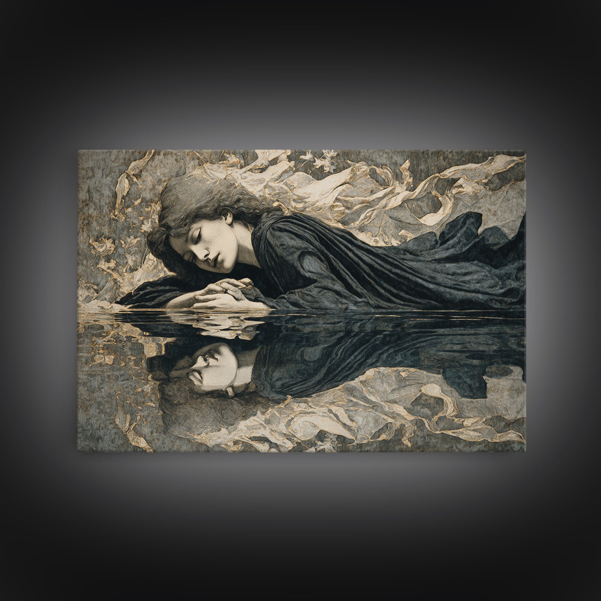 The Lake Phantom, Symbolist Death Art, Landscape Wall Art, Macabre Wall Art, Framed Canvas Print, Halloween Wall Art