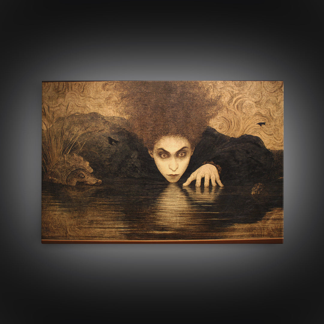 The Lake Phantom, Dark Symbolist Art, Landscape Wall Art, Gothic Horror Wall Art, Framed Canvas Print, Halloween Wall Art