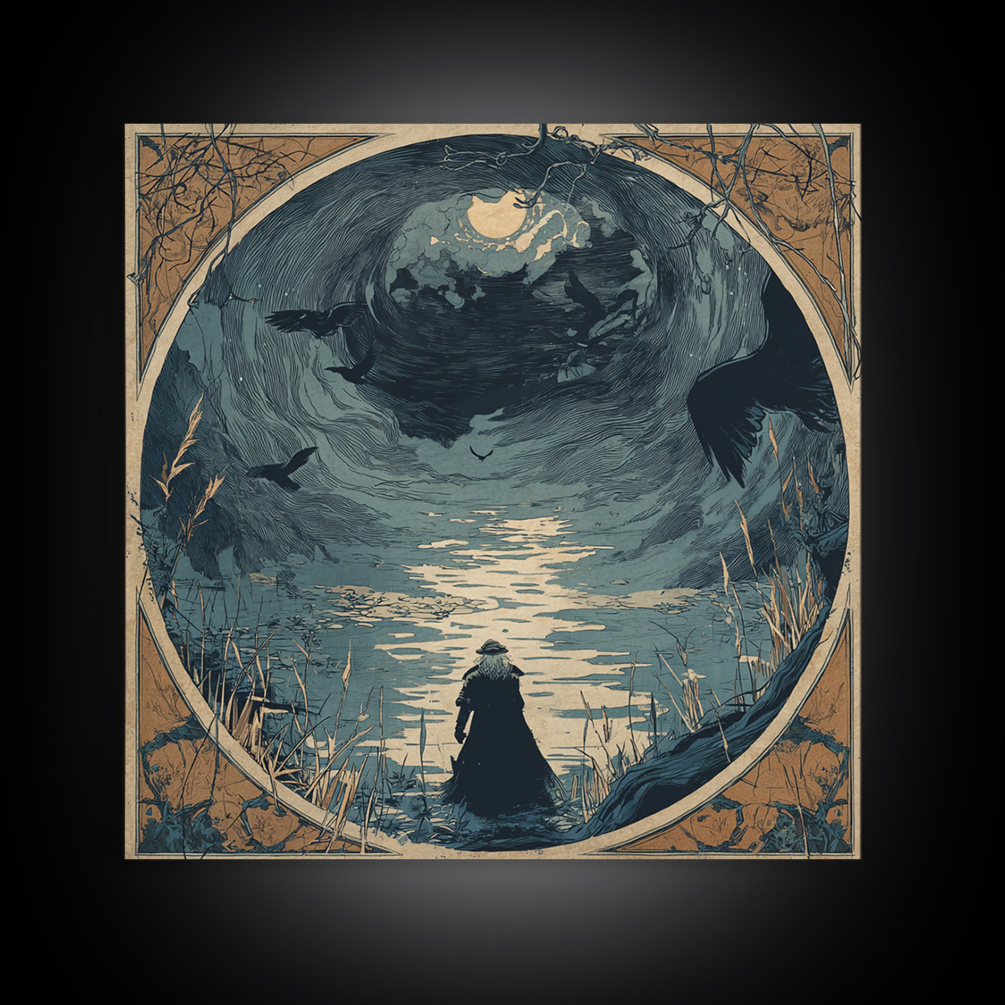 The Lake Phantom, Symbolist Etching Art, Square Wall Art, Macabre Wall Art, Framed Canvas Print, Halloween Wall Art, Dark Fantasy Art