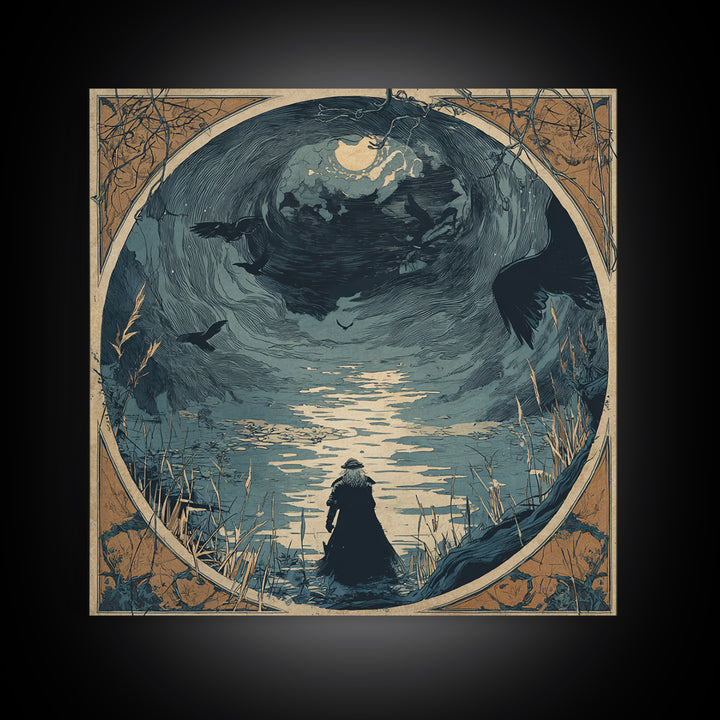 The Lake Phantom, Symbolist Etching Art, Square Wall Art, Macabre Wall Art, Framed Canvas Print, Halloween Wall Art, Dark Fantasy Art