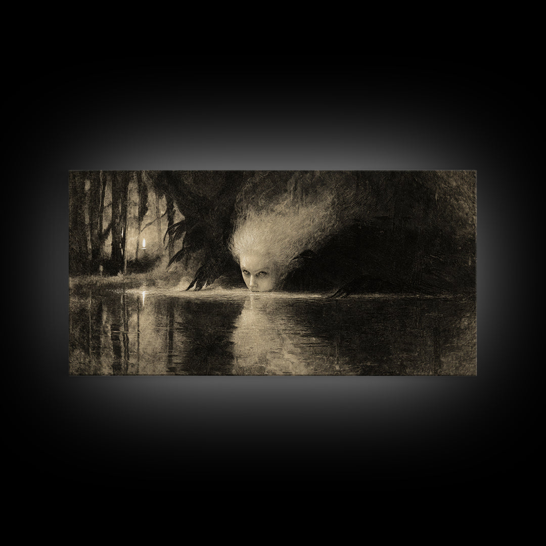 The Lake Phantom, Expressionist Nightmare Art, Wide Panoramic Art, Macabre Wall Art, Canvas Print, Halloween Wall Art, Halloween Decor