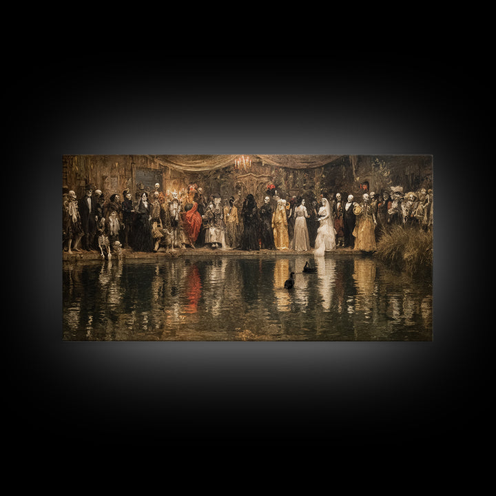 The Lake Phantom, Grotesque Carnival Art, Wide Panoramic Art, Dark Halloween Decor, Framed Canvas Print, Halloween Wall Art