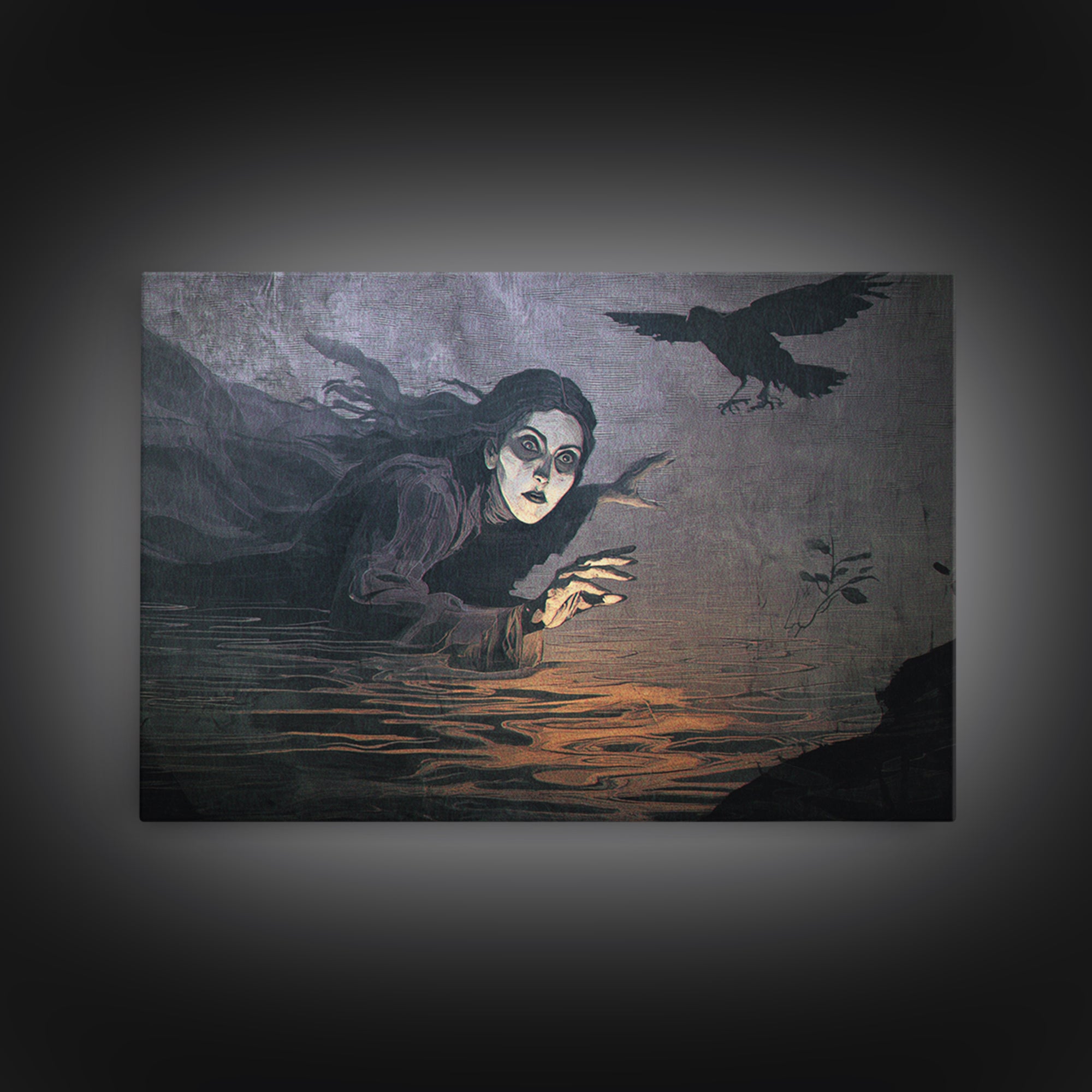 The Lake Phantom, Expressionist Gothic Art, Landscape Wall Art, Macabre Wall Art, Framed Canvas Print, Halloween Wall Art, Horror Wall Art