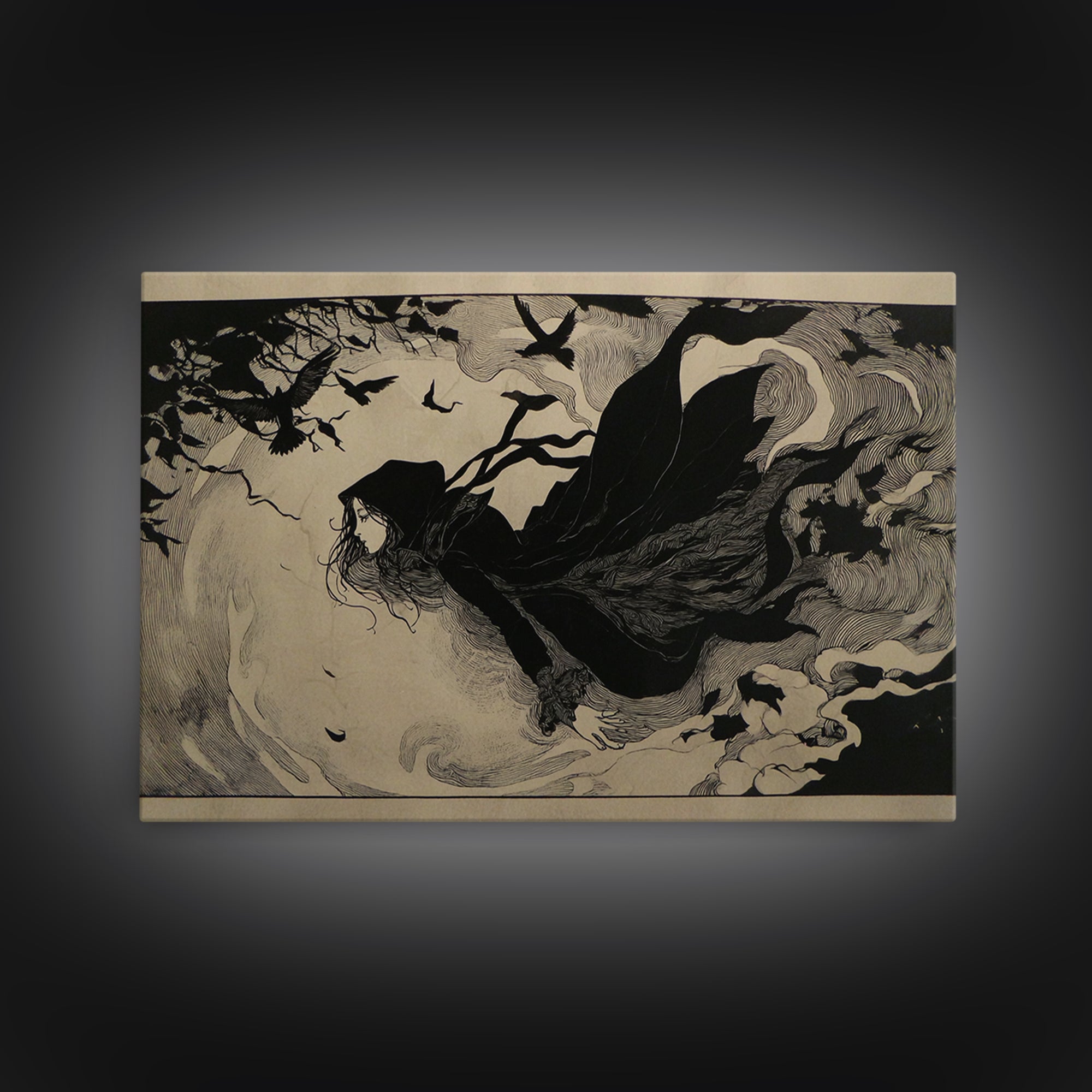 The Lake Phantom, Decadent Line Art, Landscape Wall Art, Dark Halloween Decor, Framed Canvas Print, Halloween Wall Art