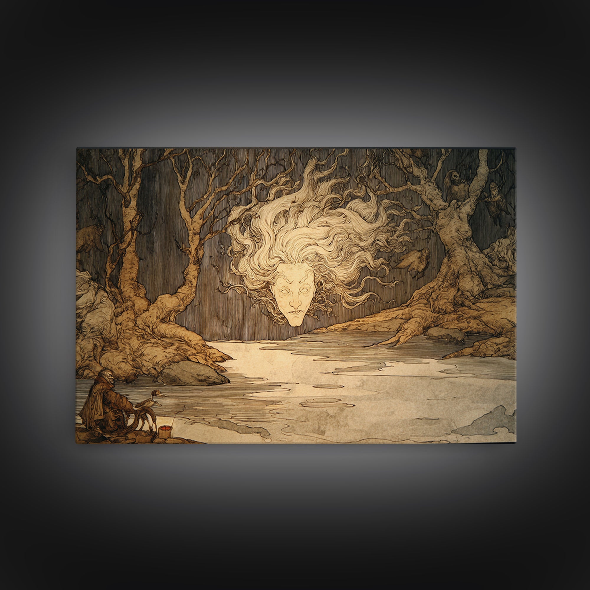 The Lake Phantom, Gothic Storybook Art, Landscape Wall Art, Dark Halloween Decor, Framed Canvas Print, Halloween Wall Art