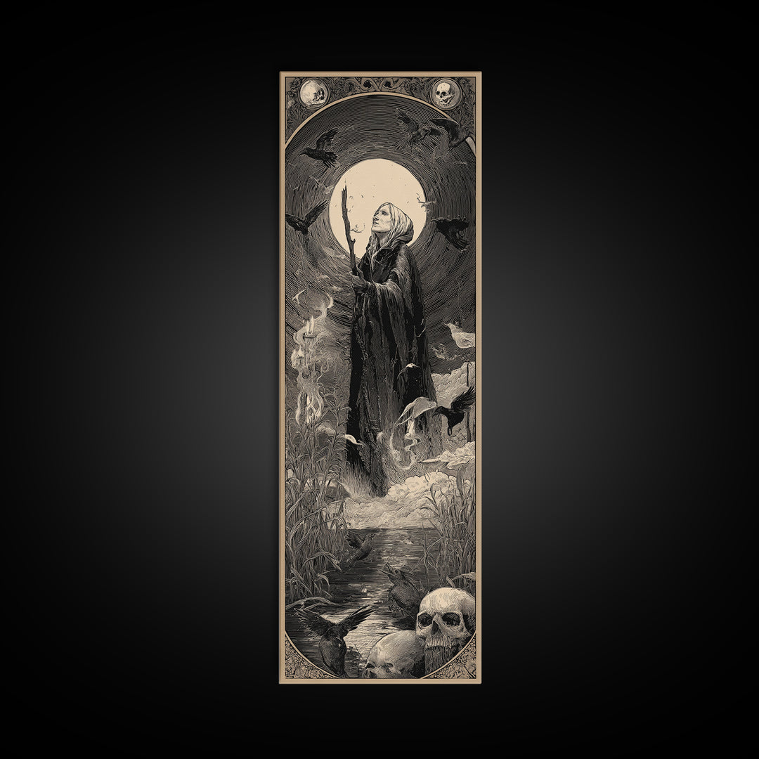 The Salt-Marsh Witch, Gothic Engraving Art, Tall Narrow Wall Art, Dark Halloween Decor, Canvas Print, Halloween Wall Art