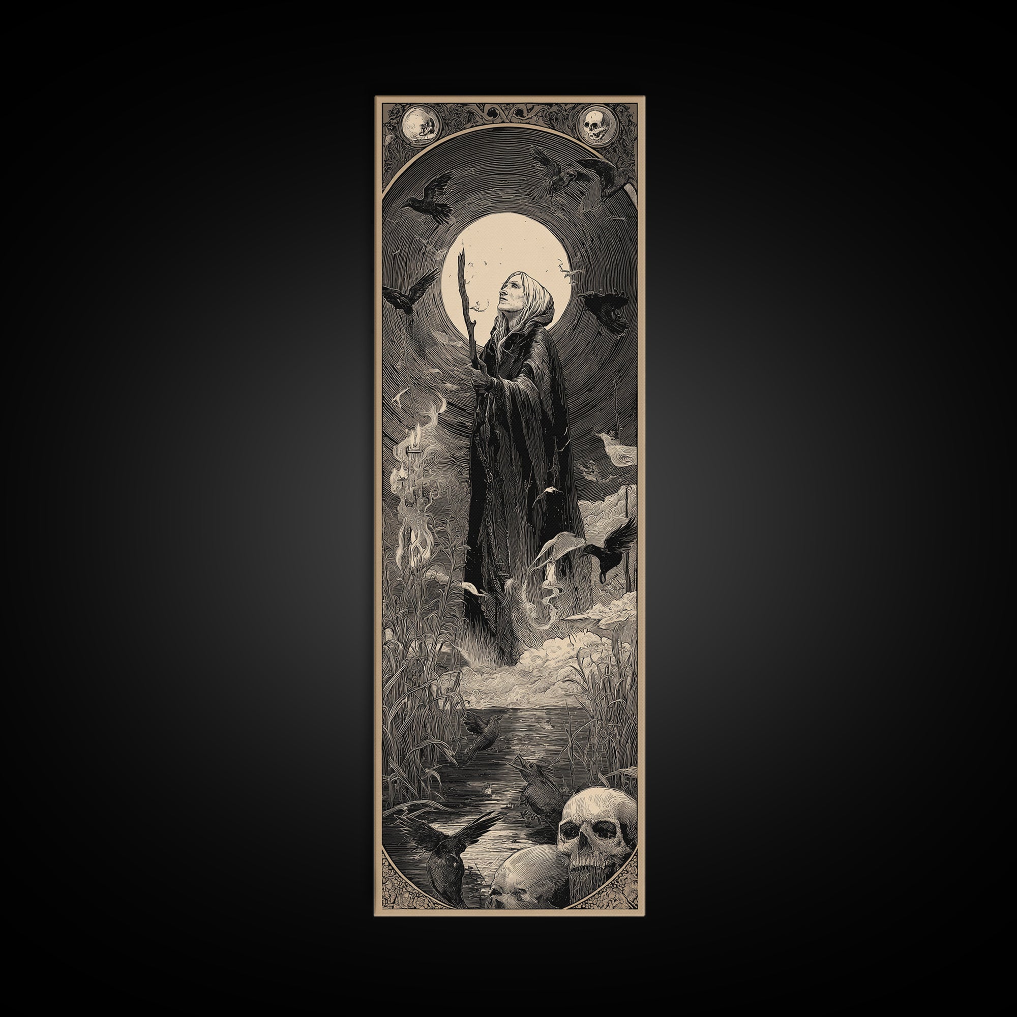 The Salt-Marsh Witch, Gothic Engraving Art, Tall Narrow Wall Art, Dark Halloween Decor, Canvas Print, Halloween Wall Art
