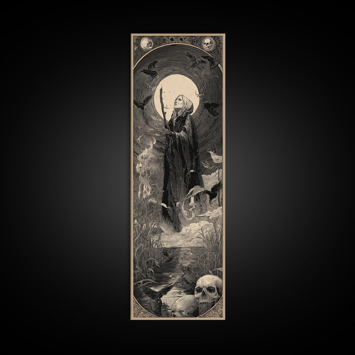 The Salt-Marsh Witch, Gothic Engraving Art, Tall Narrow Wall Art, Dark Halloween Decor, Canvas Print, Halloween Wall Art