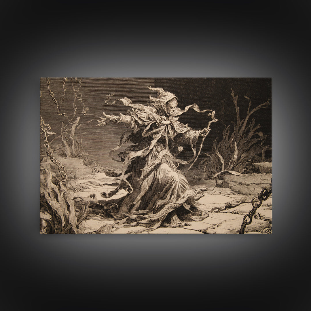 The Salt-Marsh Witch, Architectural Etching Art, Landscape Wall Art, Gothic Horror Wall Art, Framed Canvas Print
