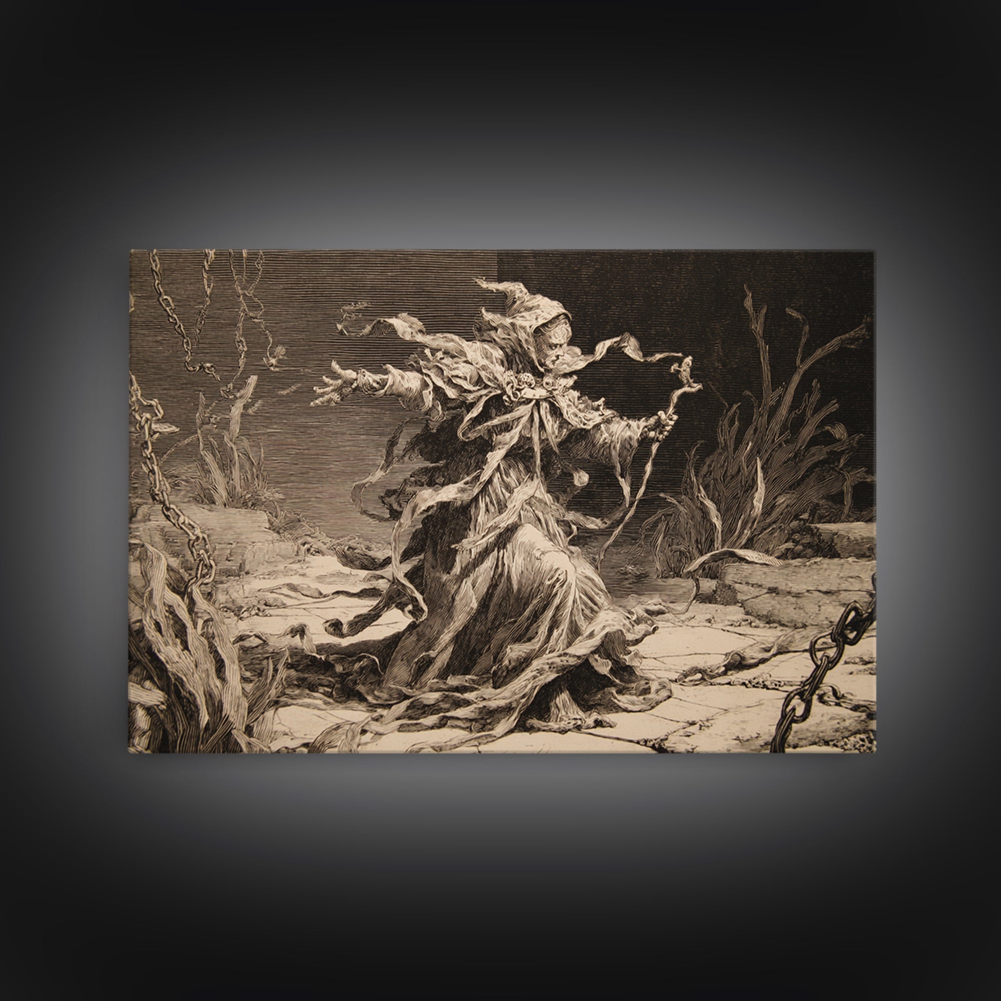 The Salt-Marsh Witch, Architectural Etching Art, Landscape Wall Art, Gothic Horror Wall Art, Framed Canvas Print