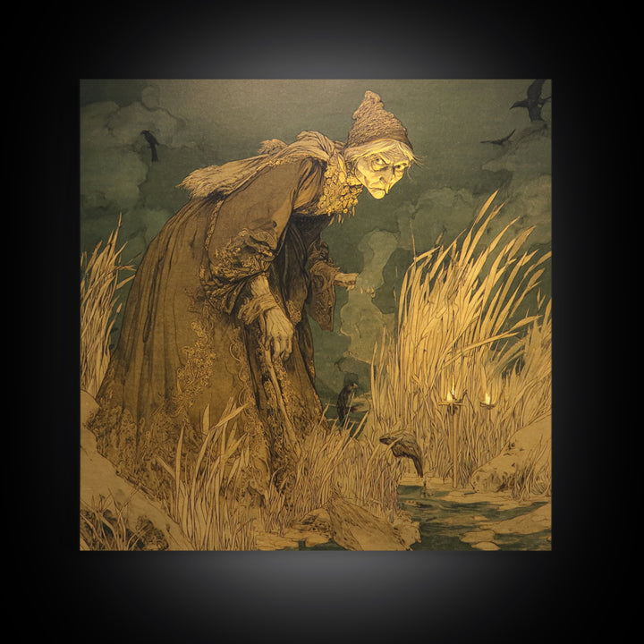 The Salt-Marsh Witch, Symbolist Etching Art, Square Wall Art, Dark Halloween Decor, Framed Canvas Print, Halloween Wall Art