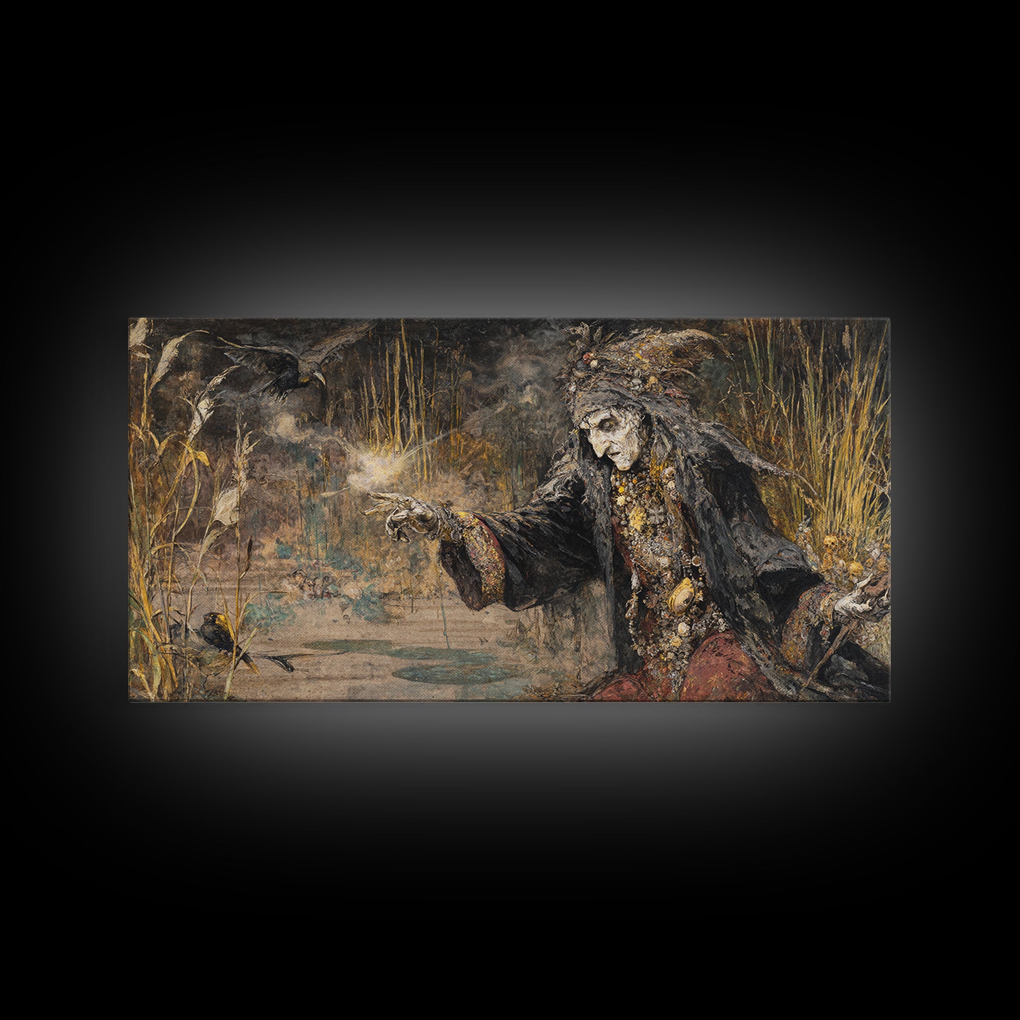The Salt-Marsh Witch, Grotesque Carnival Art, Wide Panoramic Art, Dark Halloween Decor, Canvas Print, Halloween Wall Art