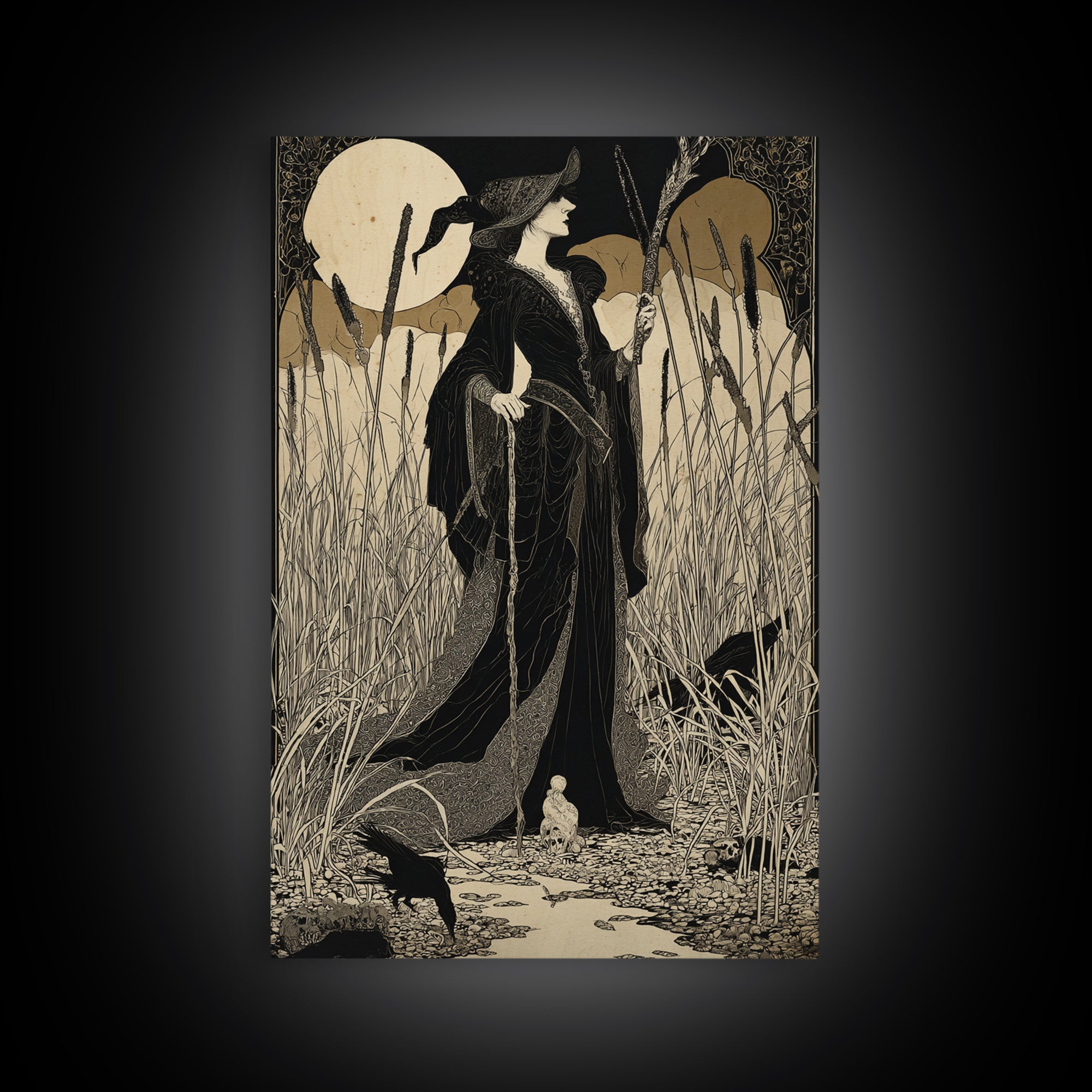 The Salt-Marsh Witch, Decadent Line Art, Vertical Wall Art, Dark Halloween Decor, Framed Canvas Print, Halloween Wall Art