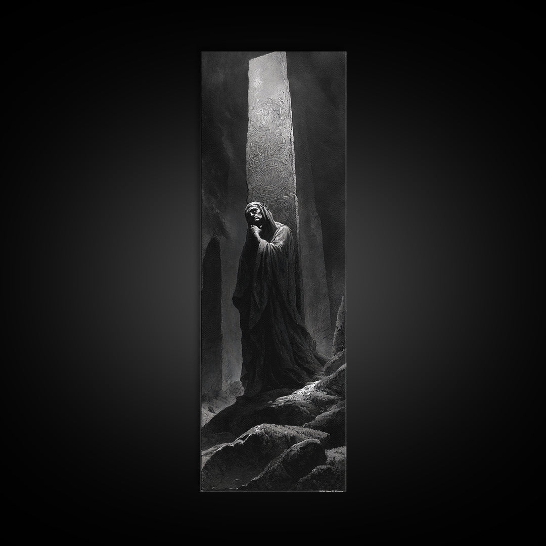 The Stone-Circle Spirit, Gothic Engraving Art, Tall Narrow Wall Art, Macabre Wall Art, Framed Canvas Print, Halloween Wall Art