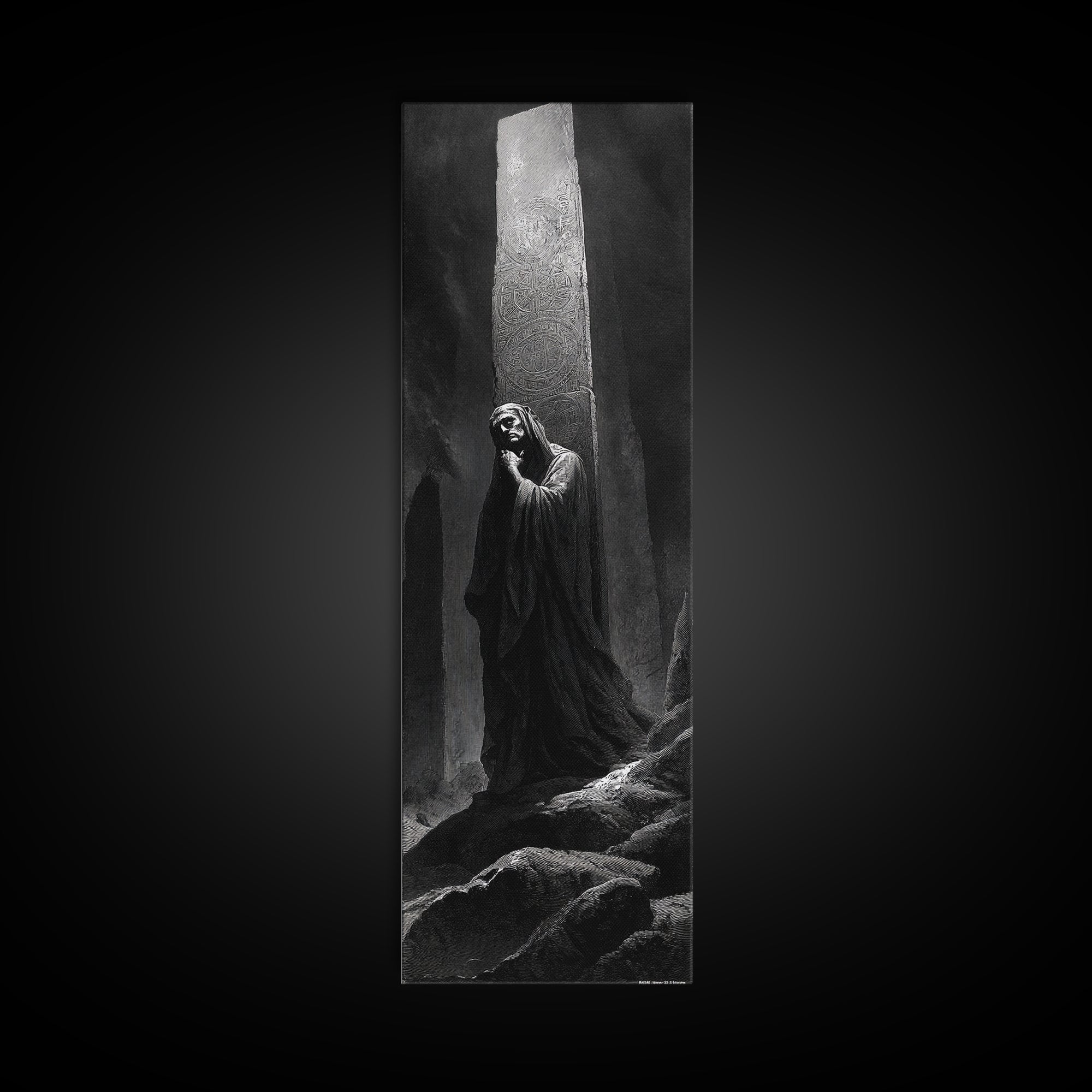 The Stone-Circle Spirit, Gothic Engraving Art, Tall Narrow Wall Art, Macabre Wall Art, Framed Canvas Print, Halloween Wall Art
