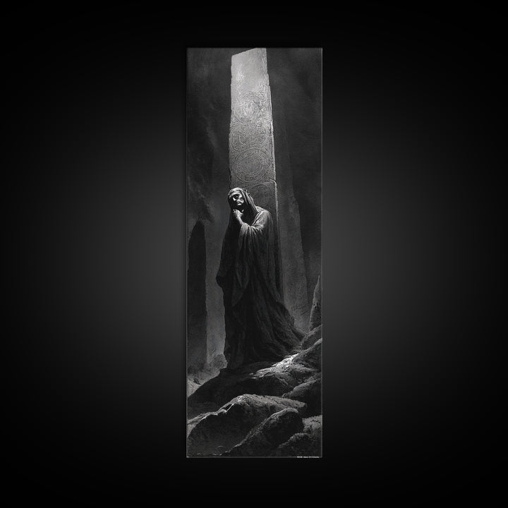 The Stone-Circle Spirit, Gothic Engraving Art, Tall Narrow Wall Art, Macabre Wall Art, Framed Canvas Print, Halloween Wall Art