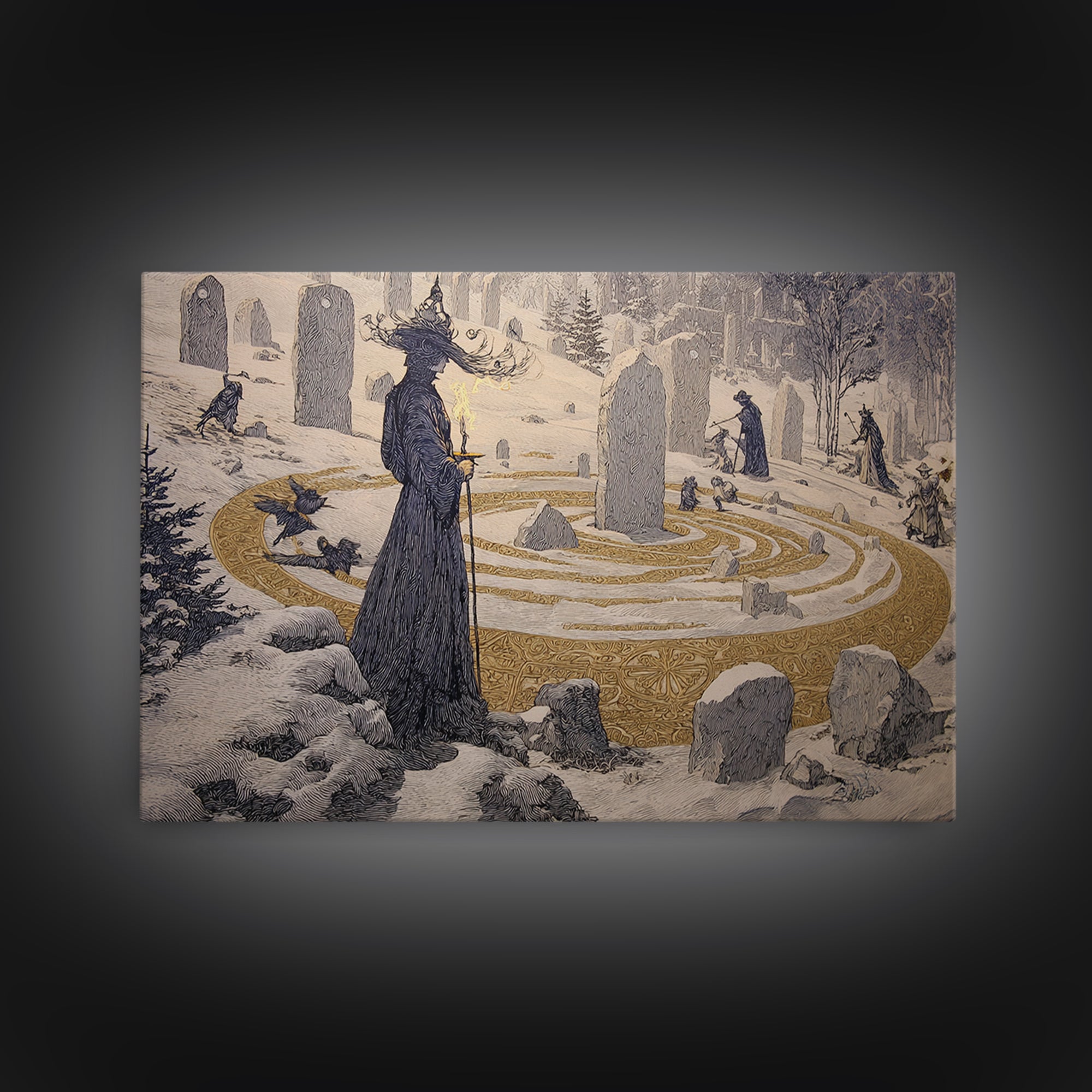 The Stone-Circle Spirit, Symbolist Death Art, Landscape Wall Art, Dark Halloween Decor, Canvas Print, Halloween Wall Art