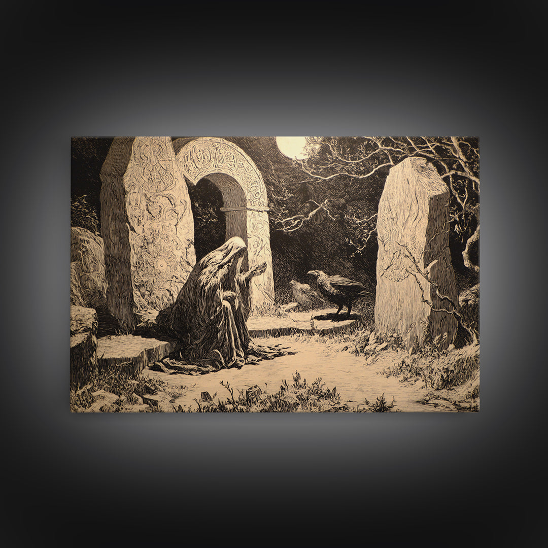 The Stone-Circle Spirit, Symbolist Etching Art, Landscape Wall Art, Macabre Wall Art, Canvas Print, Halloween Wall Art, Gothic Home Decor